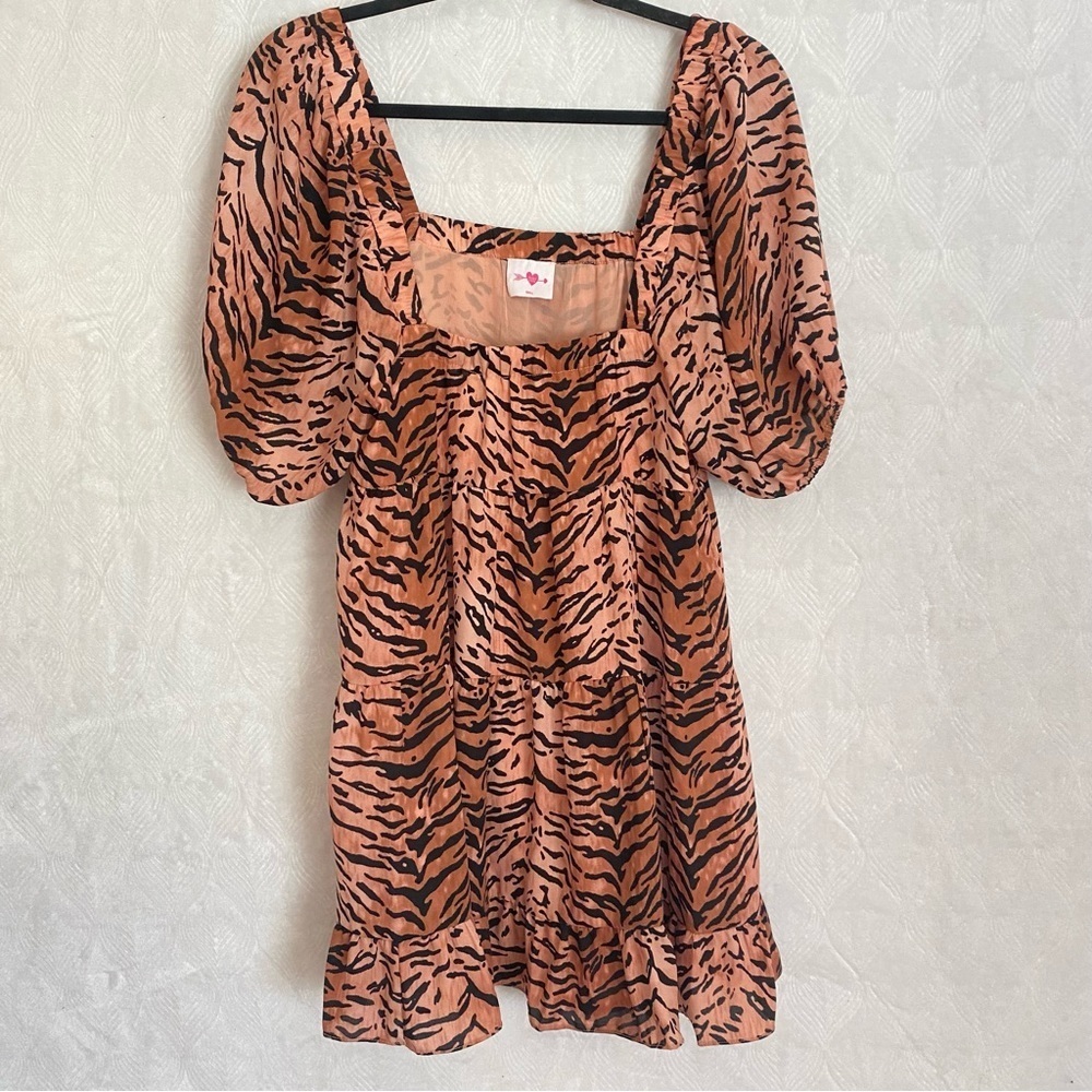 Buddy Love Becca Tiger Print Babydoll Mini Dress Women’s Small Puff Sleeves - Picture 7 of 16